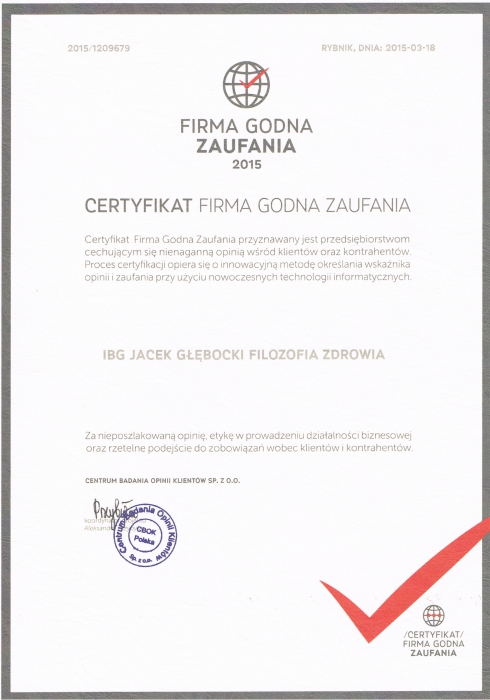 Certyfikat Filozofia Zdrowia Firma Godna Zaufania